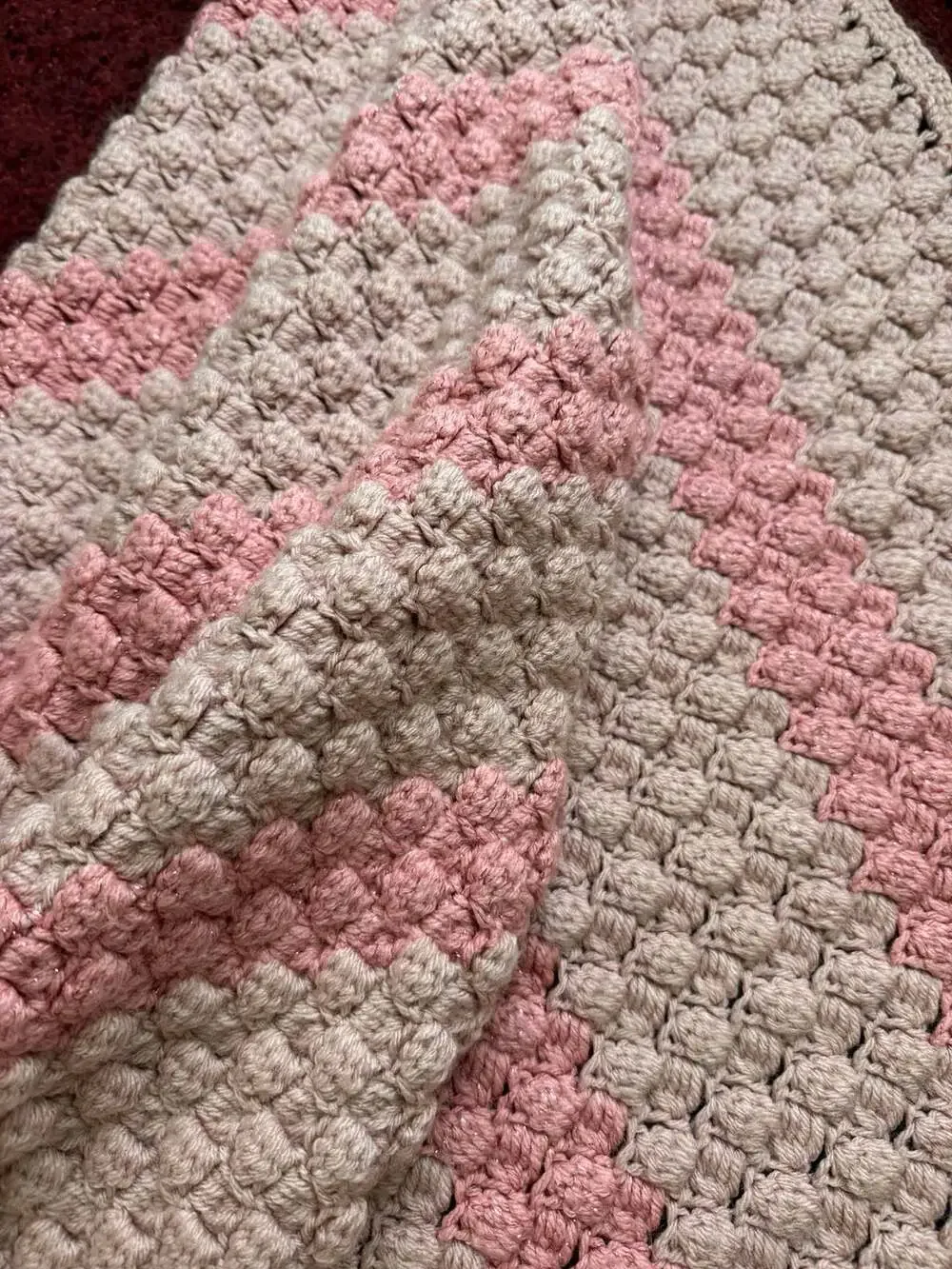 Handmade Crochet Baby Blanket Pink and Mauve/ tan Bobble Stitch 37 x 70 in